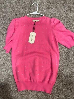Vine & Love Hot Pink Short-Sleeve Rhinestone Knit Top